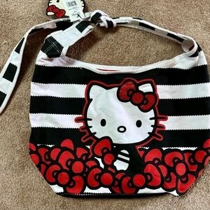 Hello Kitty Striped Hobo Bag Black White Red Bows Canvas K-Line 2012  NWT